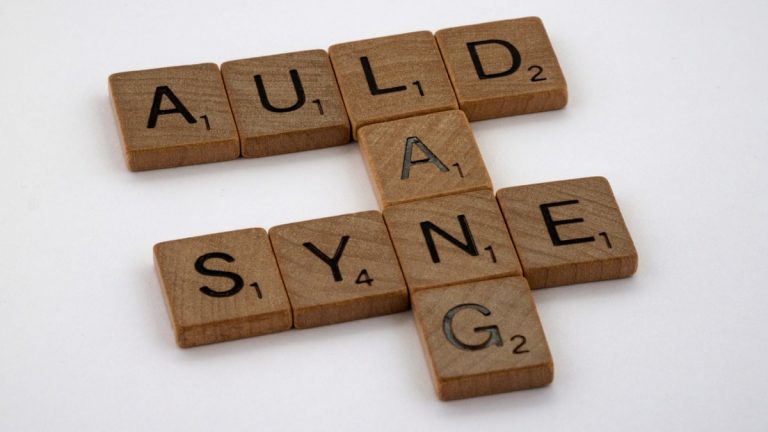 scrabble, scrabble pieces, lettering, letters, wood, scrabble tiles, white background, words, quote, letters, type, typography, design, layout, auld lang syne, new year, scottish, scotland, new year's eve, scouts, jamboree, old long since, long long ago, days gone by, old times, for the sake of old times,